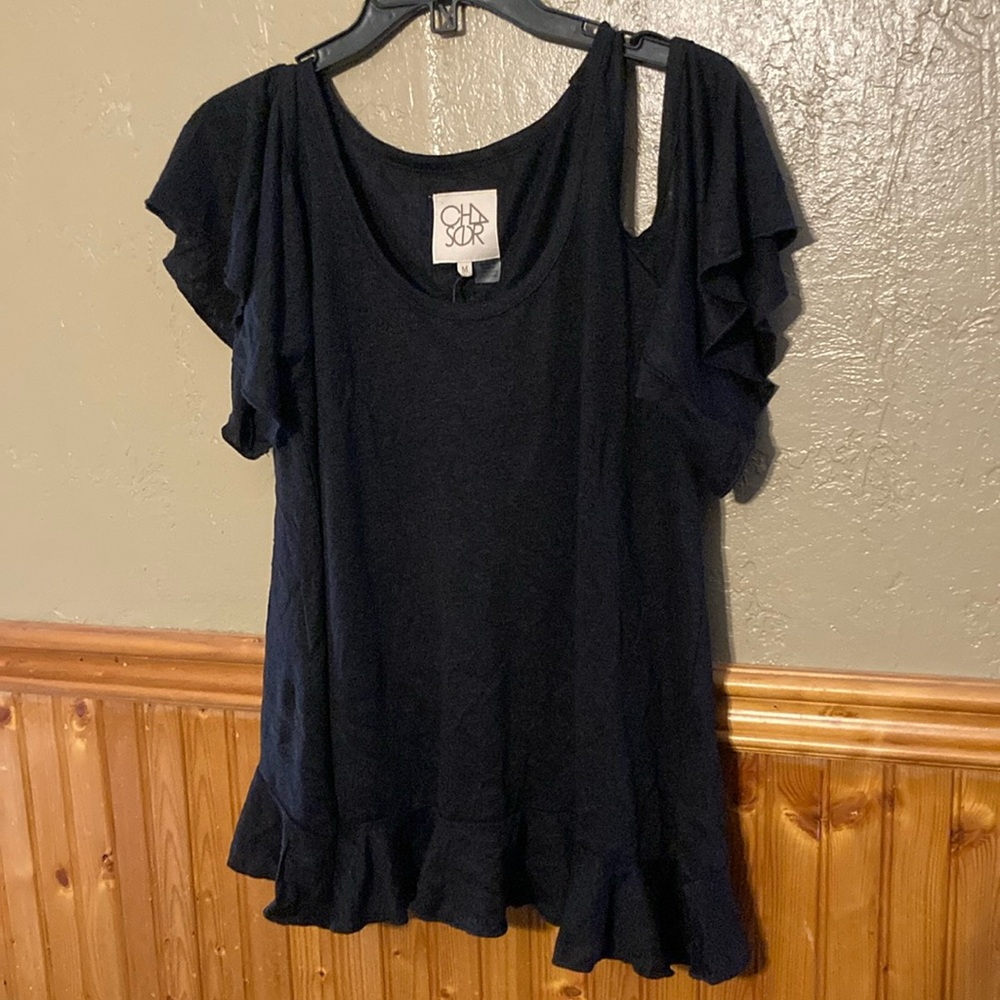 Nwt Chaser Black Ruffled Flutter Sleeve Blouse